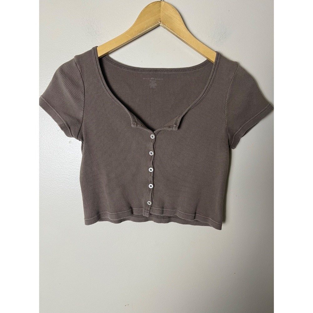 Brand Melville Brown Crop Top Button-Up Tee Womens Size S Short Sleeve